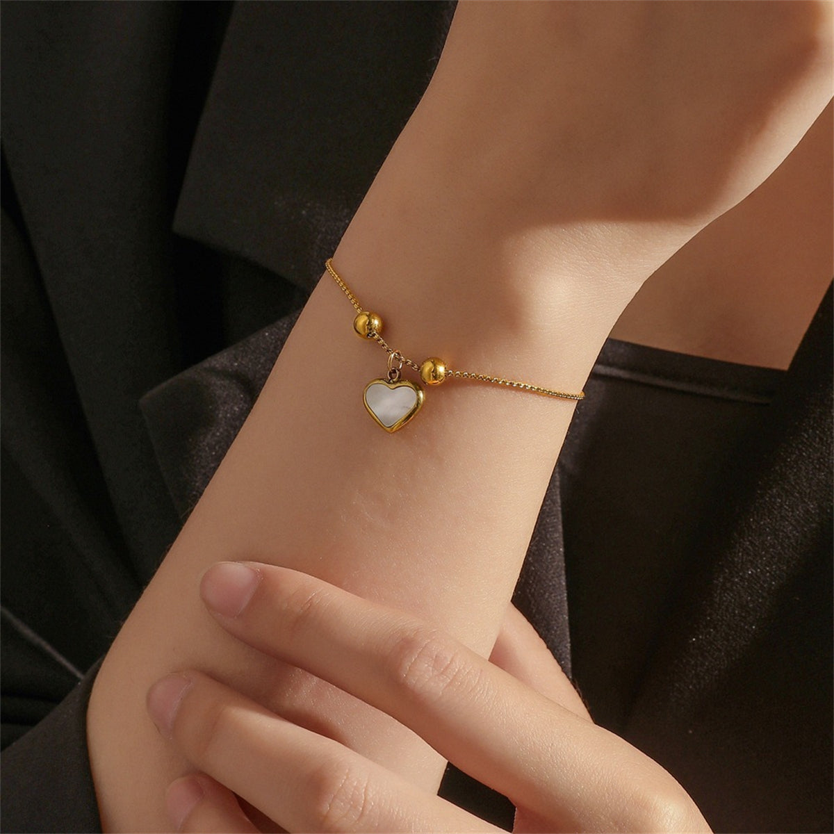 White Shell and 18K Gold-Plated Heart Charm Adjustable Bracelet, gold bracelet for women, everyday style, lifestyle look