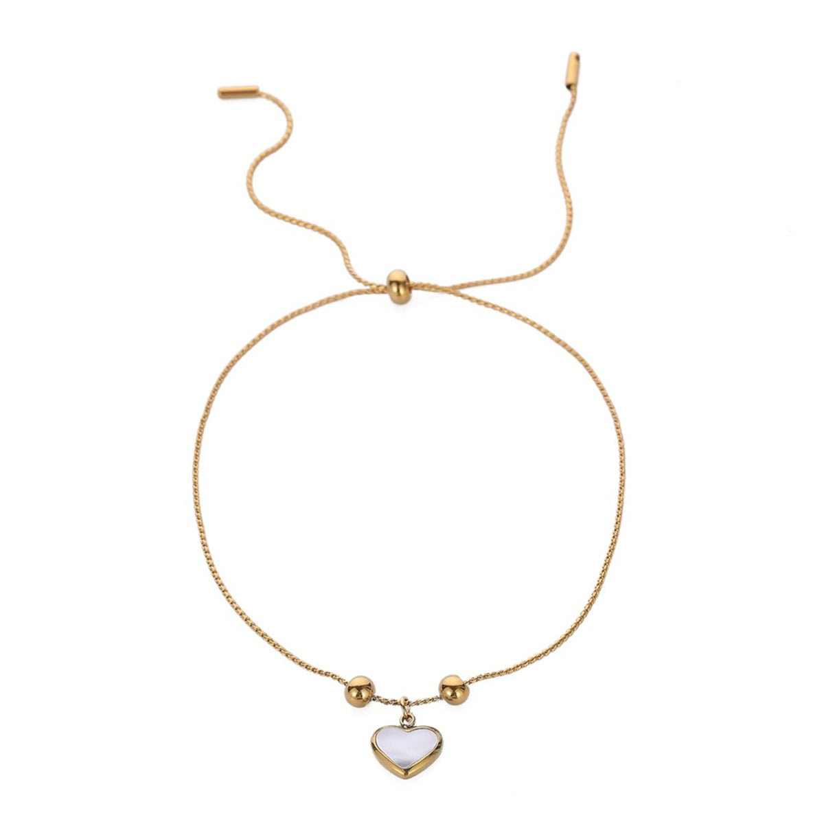 White Shell and 18K Gold-Plated Heart Charm Adjustable Bracelet, gold bracelet for women, everyday style, side view