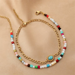 Multicolor Howlite & Pearl Oval Charm Anklet Set