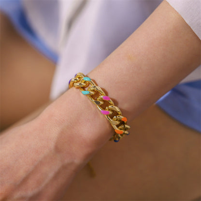 Pink Enamel and 18K Gold-Plated Curb Chain Bracelet, gold bracelet for women, elegant gift for her, front view