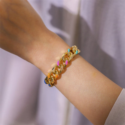 Pink Enamel and 18K Gold-Plated Curb Chain Bracelet, gold bracelet for women, elegant gift for her, side view