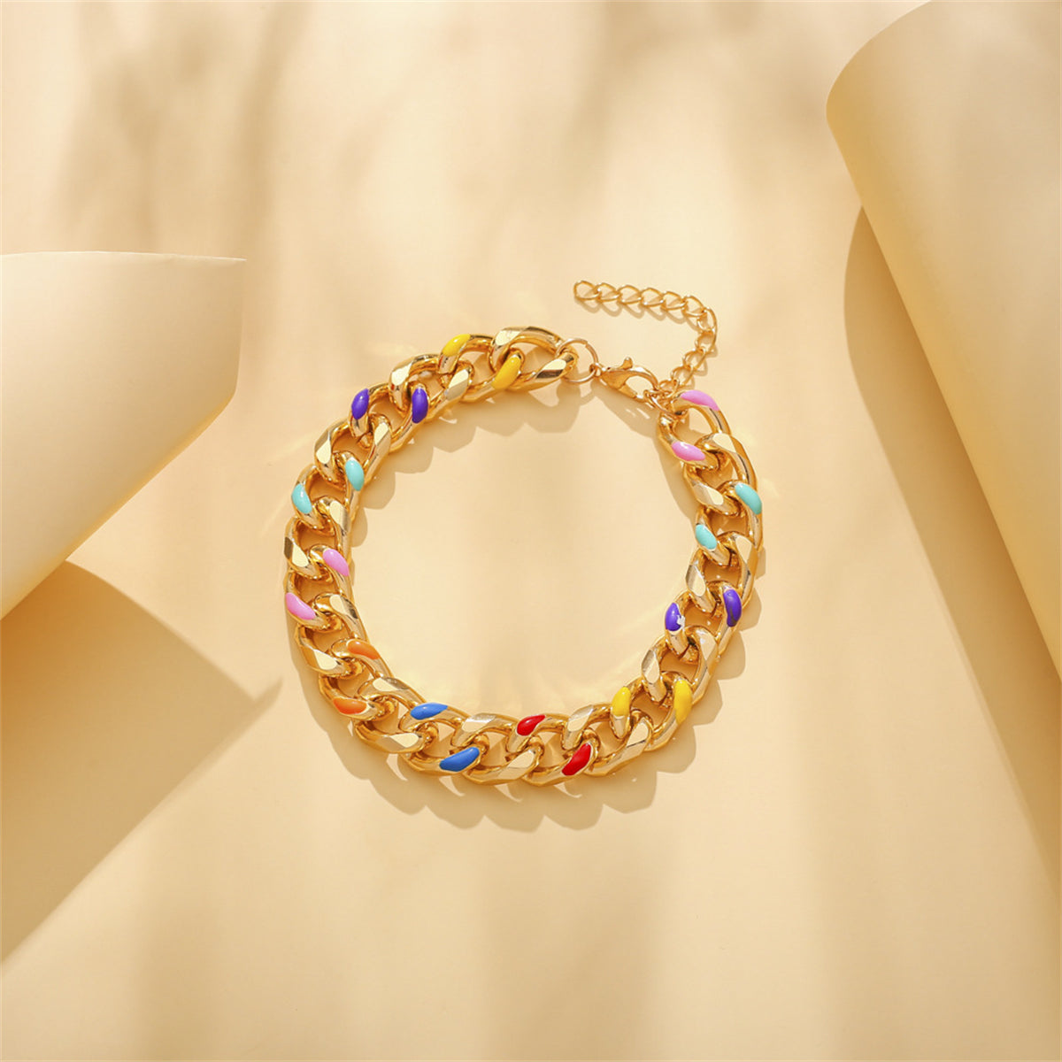 Pink Enamel and 18K Gold-Plated Curb Chain Bracelet, gold bracelet for women, elegant gift for her, detail close-up