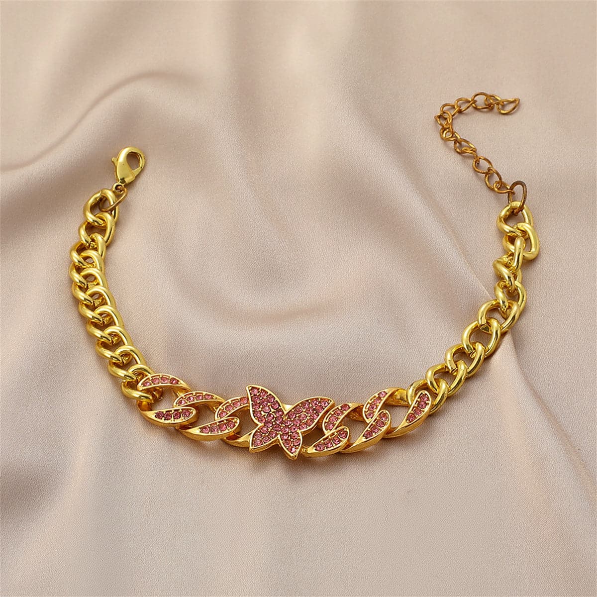 Pink Cubic Zirconia & 18K Gold-Plated Butterfly Charm Bracelet