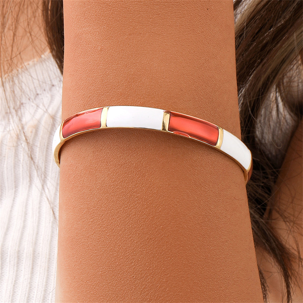 Red Enamel & 18K Gold-Plated Bamboo Cuff