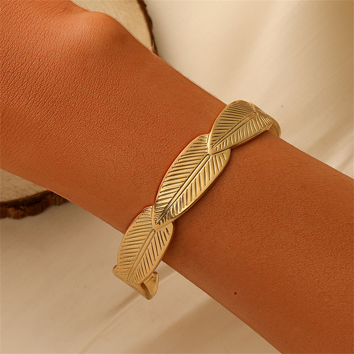 18K Gold-Plated Linked Feather Cuff, gold bracelet for women, dainty minimalist design, front view