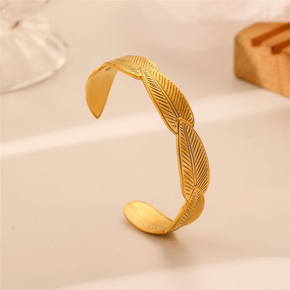 18K Gold-Plated Linked Feather Cuff, gold bracelet for women, dainty minimalist design, side view