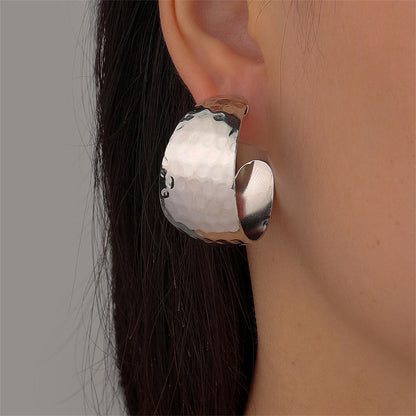 Silver-Plated Uneven-Surface C-Shape Drop Earrings, silver stud earrings for women, vintage-inspired design, front view