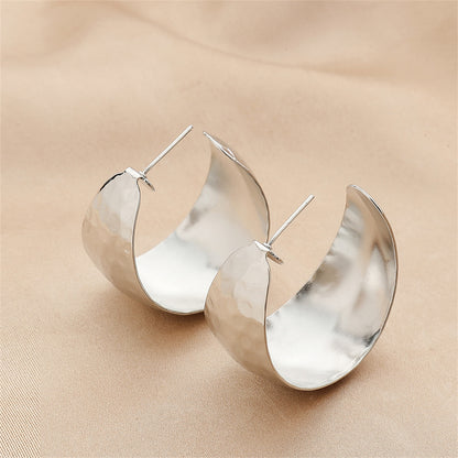 Silver-Plated Uneven-Surface C-Shape Drop Earrings, silver stud earrings for women, vintage-inspired design, detail close-up