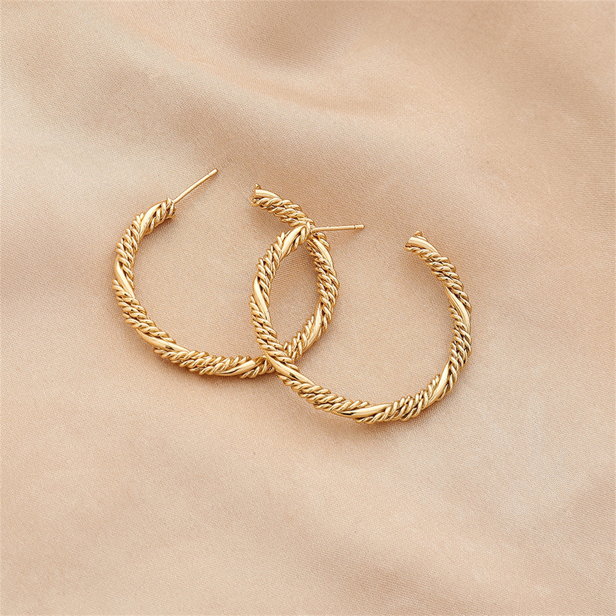 18K Gold-Plated Twine Hoop Earrings, elegant gift for her, front view