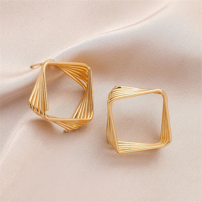 18K Gold-Plated Stacked Rhombus Drop Earrings, gold stud earrings for women, vintage-inspired design, front view