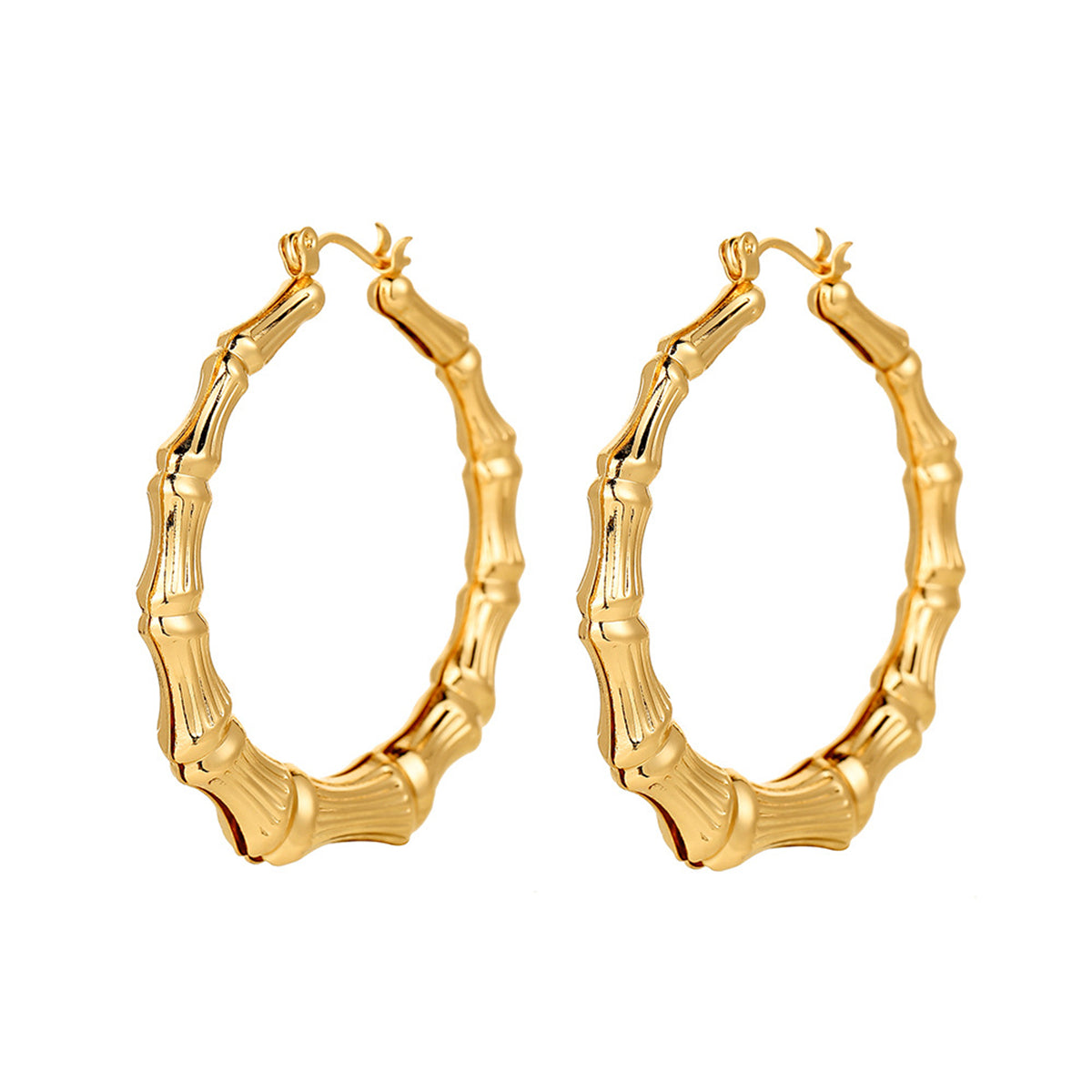 Stunning 18K gold-plated bamboo hoop earrings, perfect for elevating your style with their chic and modern design.
