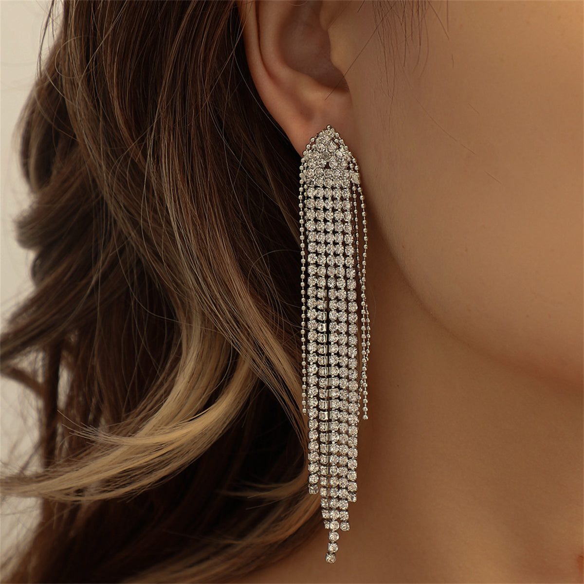 Cubic Zirconia and Silver-Plated Tassel Drop Earrings, silver drop earrings for women, vintage-inspired design, front view