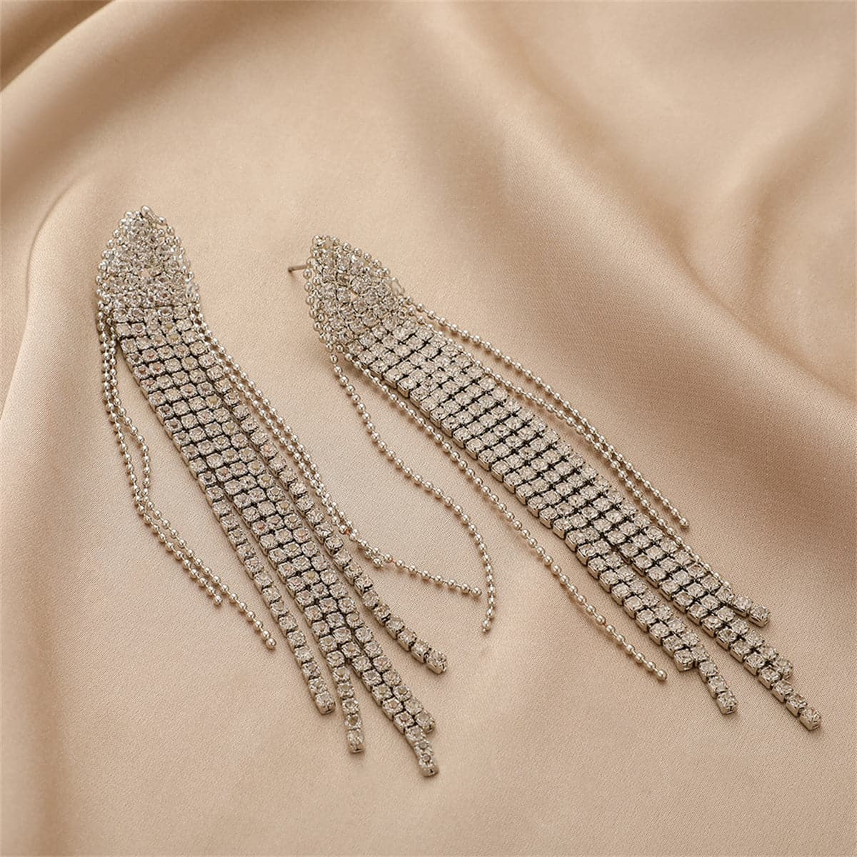 Cubic Zirconia and Silver-Plated Tassel Drop Earrings, silver drop earrings for women, detail close-up