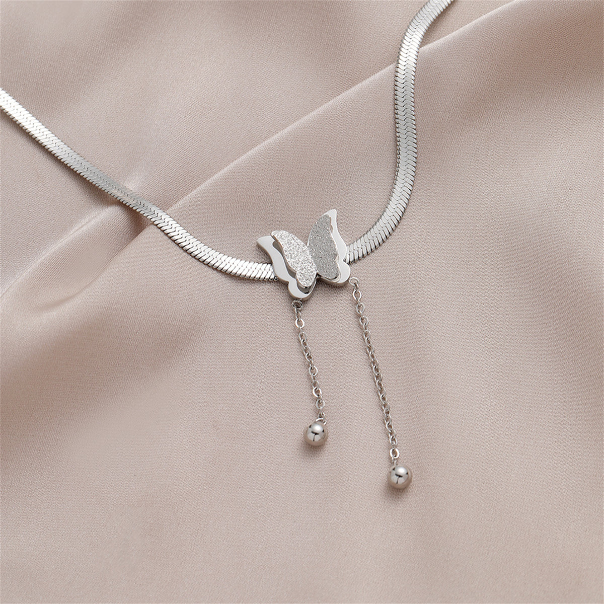 Stainless Steel Snake-Chain Butterfly Tassel Pendant Necklace