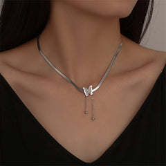 Stainless Steel Snake-Chain Butterfly Tassel Pendant Necklace