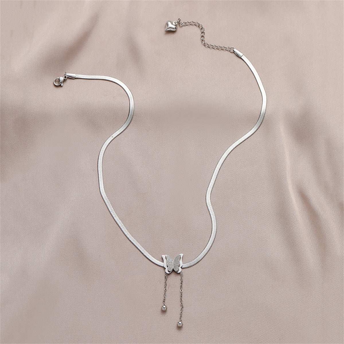 Stainless Steel Snake-Chain Butterfly Tassel Pendant Necklace