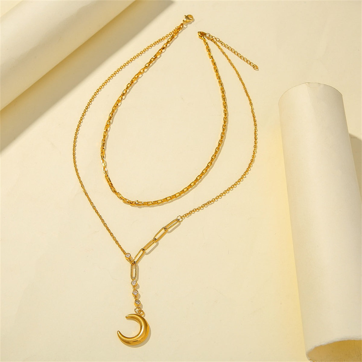 Cubic Zirconia & 18K Gold-Plated Moon Layered Pendant Necklace