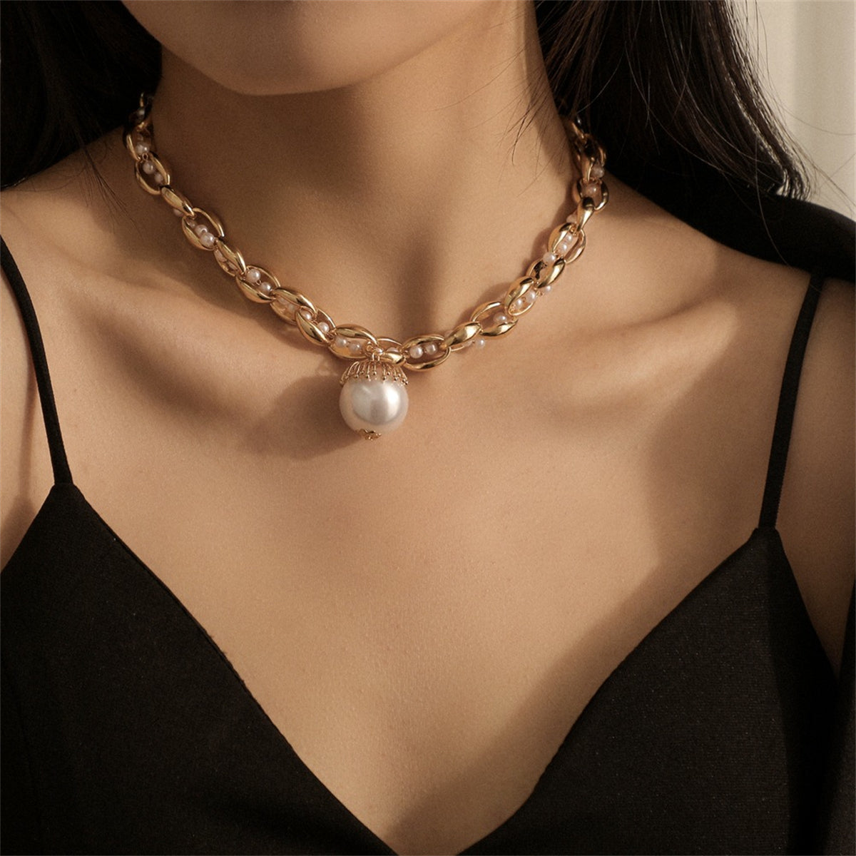 Pearl and 18K Gold-Plated Crossing Twine Choker Necklace, gold pendant necklace for women, elegant gift for her, front view