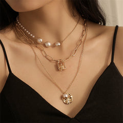 Pearl & 18K Gold-Plated Layered Lock Pendant Necklace Set