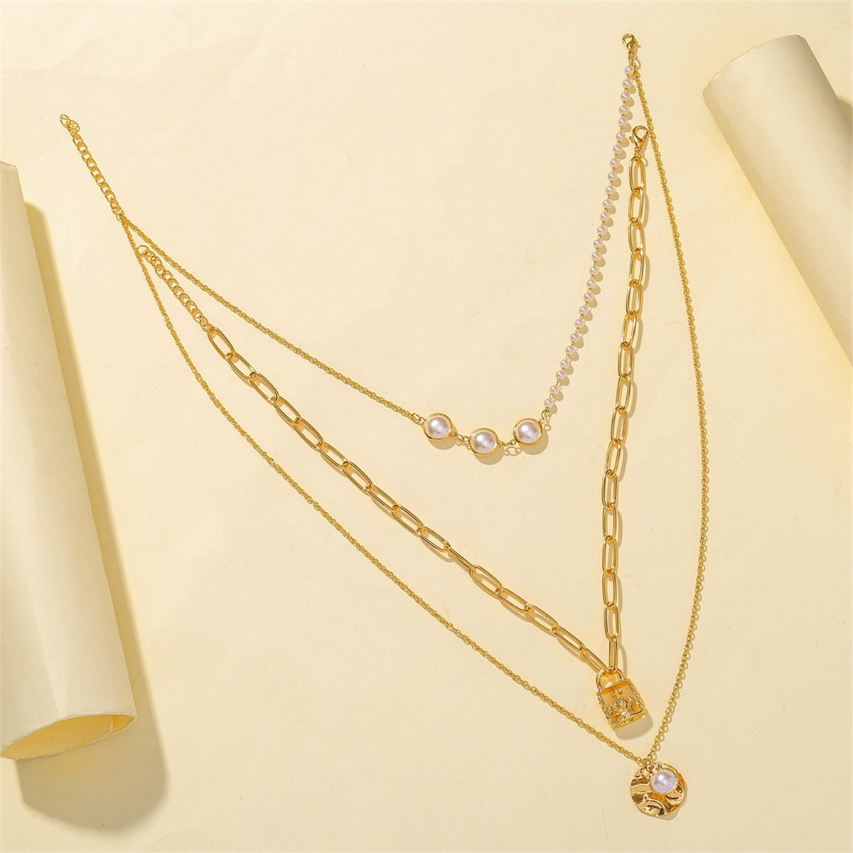 Pearl & 18K Gold-Plated Layered Lock Pendant Necklace Set