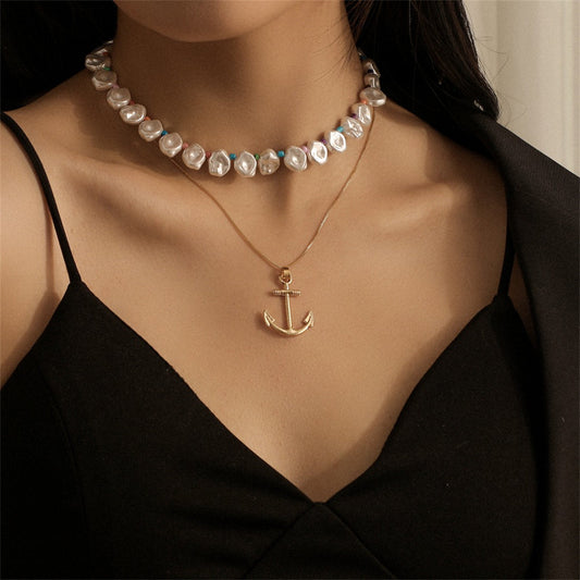 Multicolor Howlite and Pearl 18K Gold-Plated Anchor Pendant Necklace Set, gold pendant necklace for women, front view