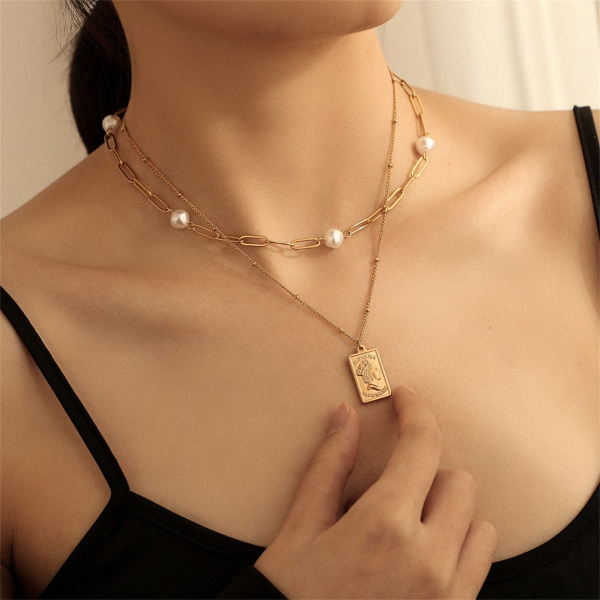 Pearl & 18K Gold-Plated Card Pendant Layered Necklace