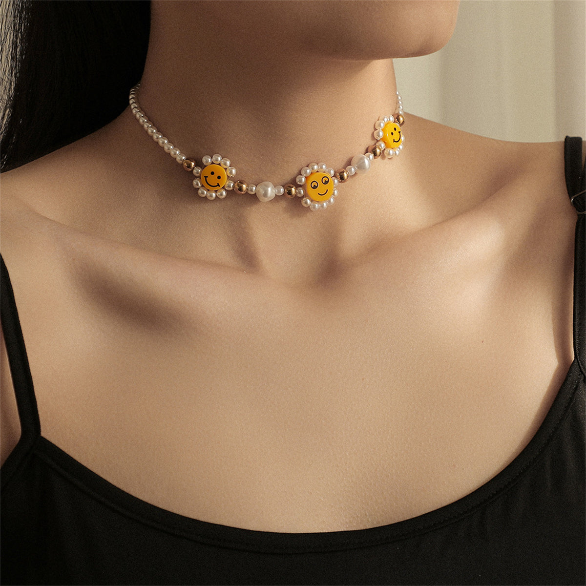 Pearl & Acrylic 18K Gold-Plated Smiley Beaded Choker