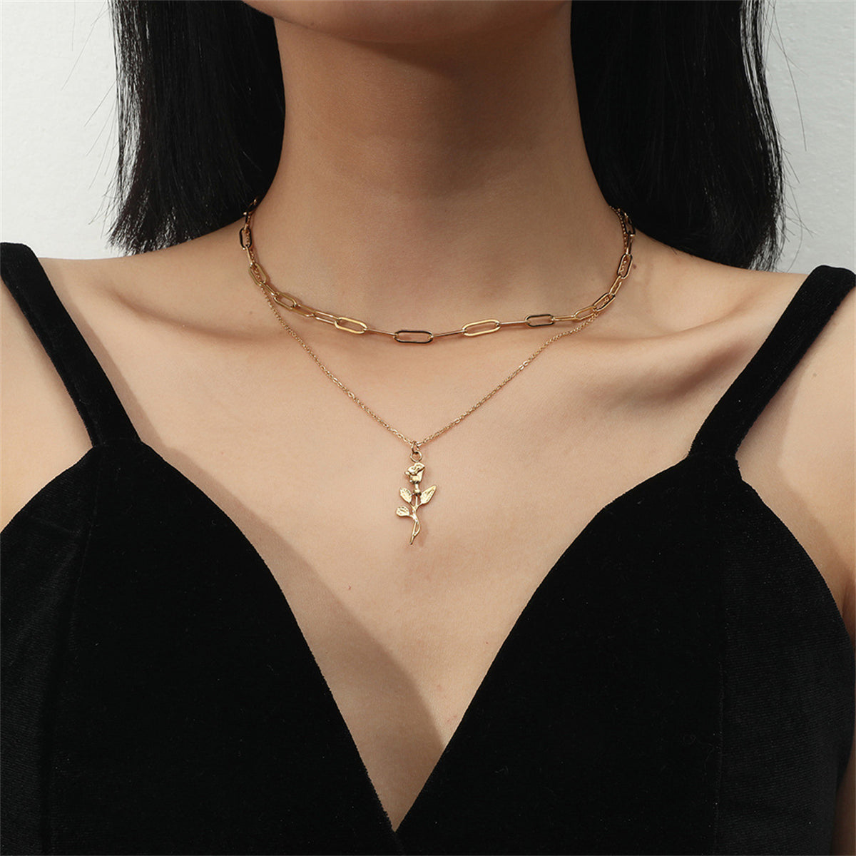18K Gold-Plated Rose Chain Pendant Necklace Set, jewelry gift sets for women, vintage-inspired design, side view
