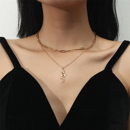18K Gold-Plated Rose Chain Pendant Necklace Set, jewelry gift sets for women, vintage-inspired design, side view