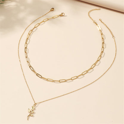 18K Gold-Plated Rose Chain Pendant Necklace Set, jewelry gift sets for women, vintage-inspired design, front view