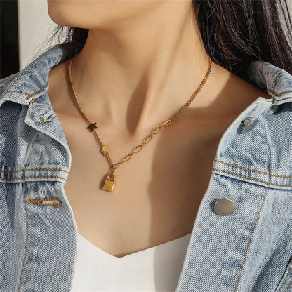 18K Gold-Plated Star and Lock Pendant Necklace, gold pendant necklace for women, dainty minimalist design, front view