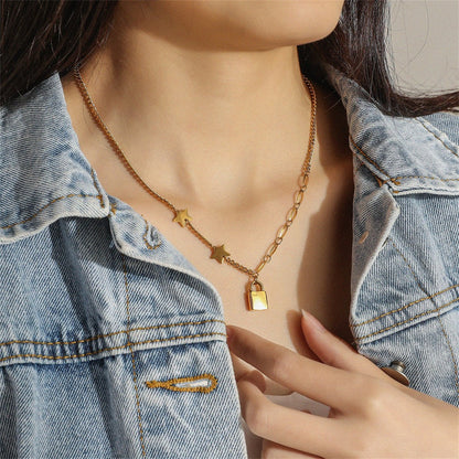 18K Gold-Plated Star and Lock Pendant Necklace, gold pendant necklace for women, dainty minimalist design, styled look