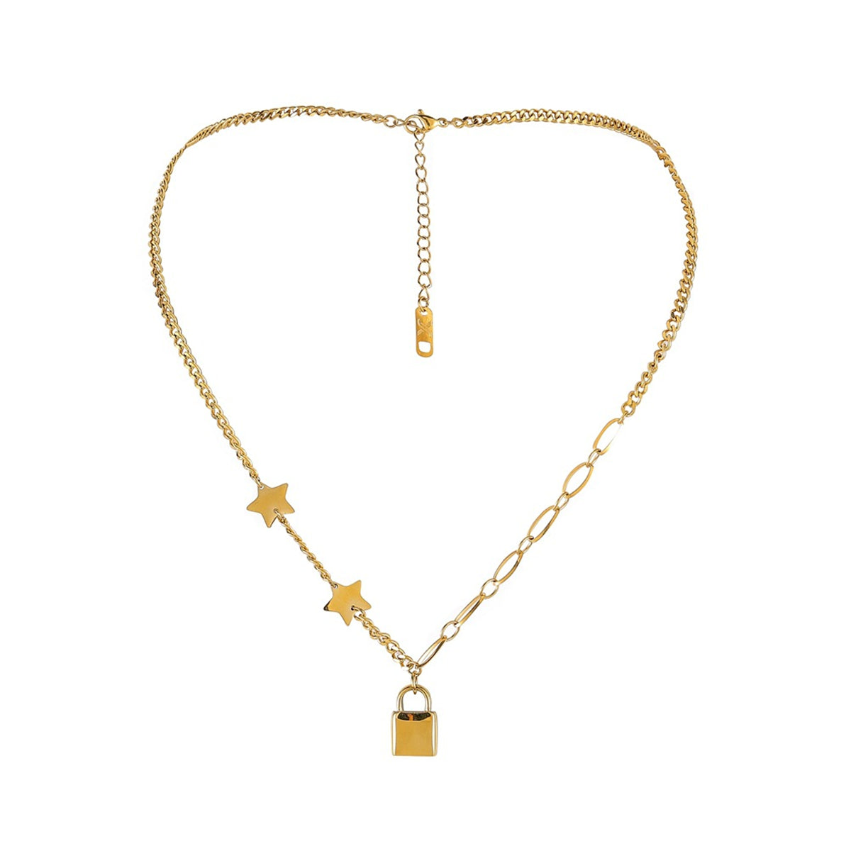 18K Gold-Plated Star and Lock Pendant Necklace, gold pendant necklace for women, dainty minimalist design, side view