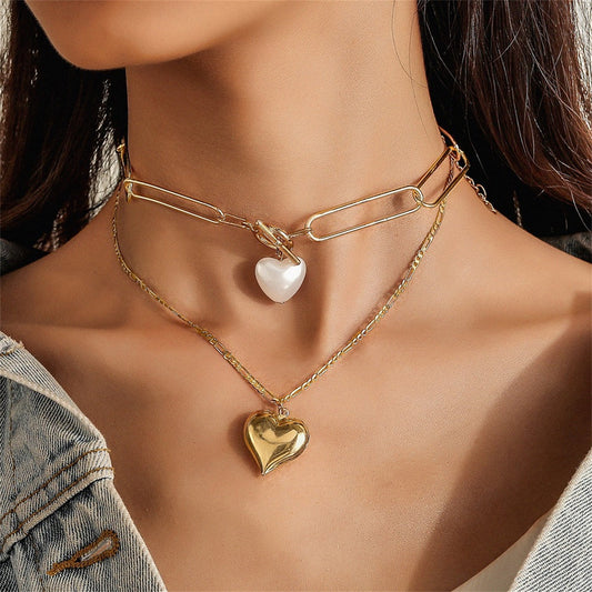Pearl and 18K Gold-Plated Heart Pendant Necklace Set, jewelry gift sets for women, vintage-inspired design, front view