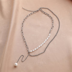 Pearl & Silver-Plated Layered Lariat Necklace