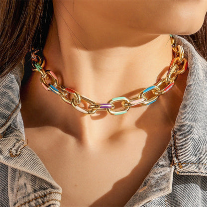Blue Enamel and 18K Gold-Plated Chain Choker, gold pendant necklace for women, botanical inspired, detail close-up