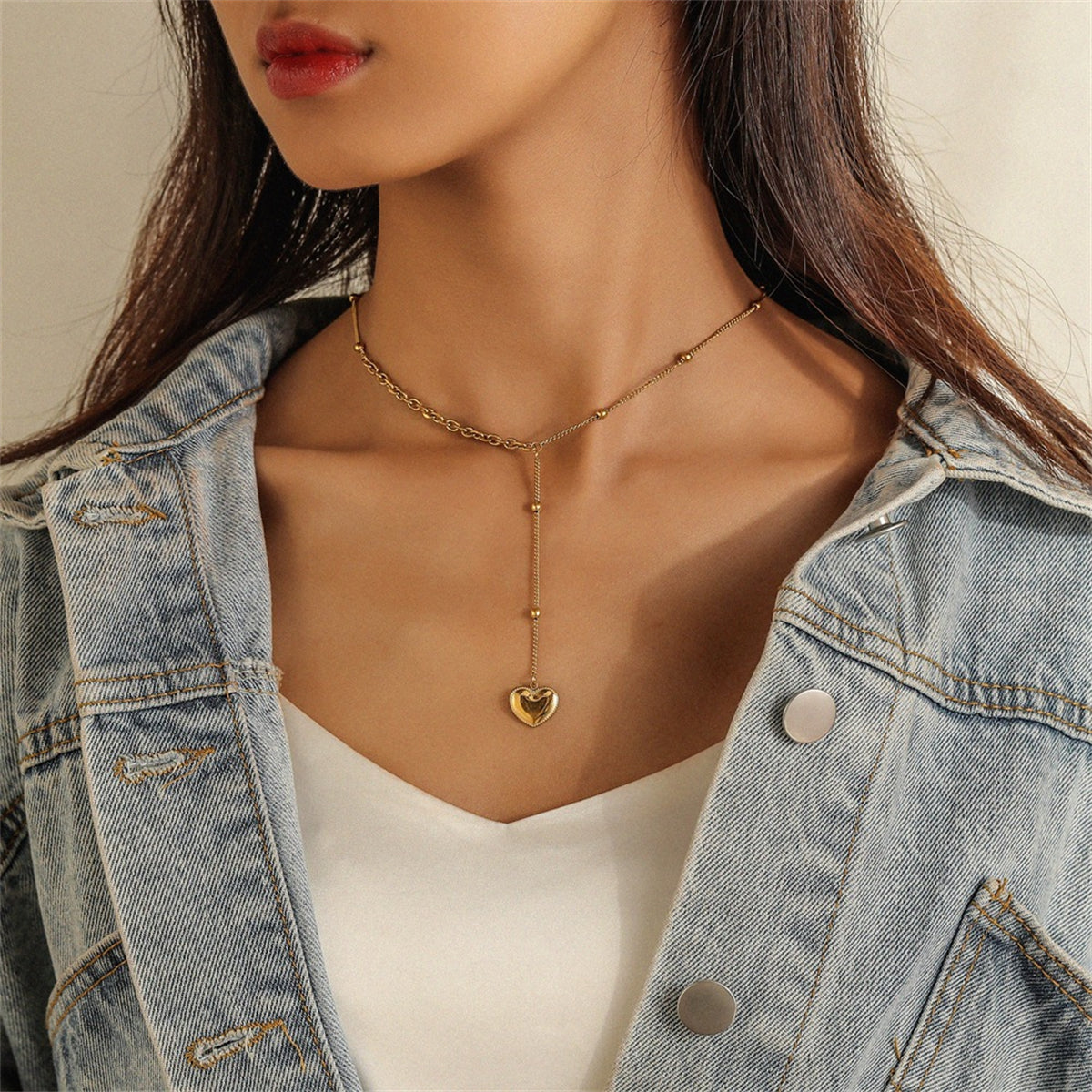 18K Gold-Plated Heart Lariat Necklace, gold pendant necklace for women, elegant gift for her, front view