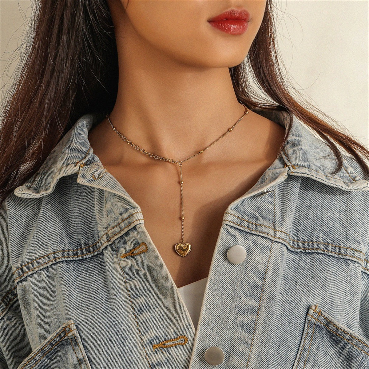 18K Gold-Plated Heart Lariat Necklace, gold pendant necklace for women, elegant gift for her, side view