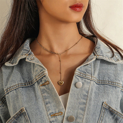 18K Gold-Plated Heart Lariat Necklace, gold pendant necklace for women, elegant gift for her, side view