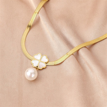 Pearl and 18K Gold-Plated Snake-Chain Clover Pendant Necklace, gold pendant necklace for women, styled look