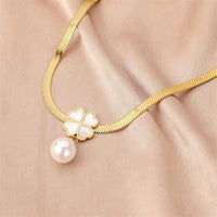 Pearl & 18k Gold-Plated Snake-Chain Clover Pendant Necklace