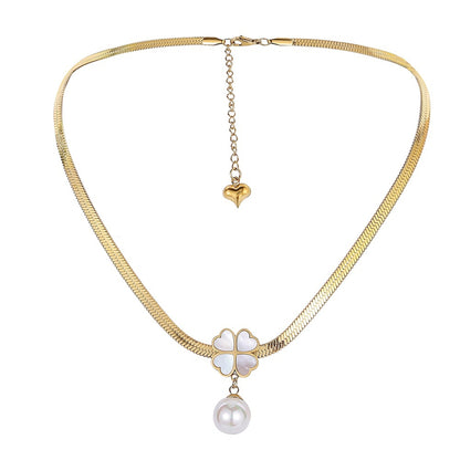 Pearl and 18K Gold-Plated Snake-Chain Clover Pendant Necklace, gold pendant necklace for women, side view