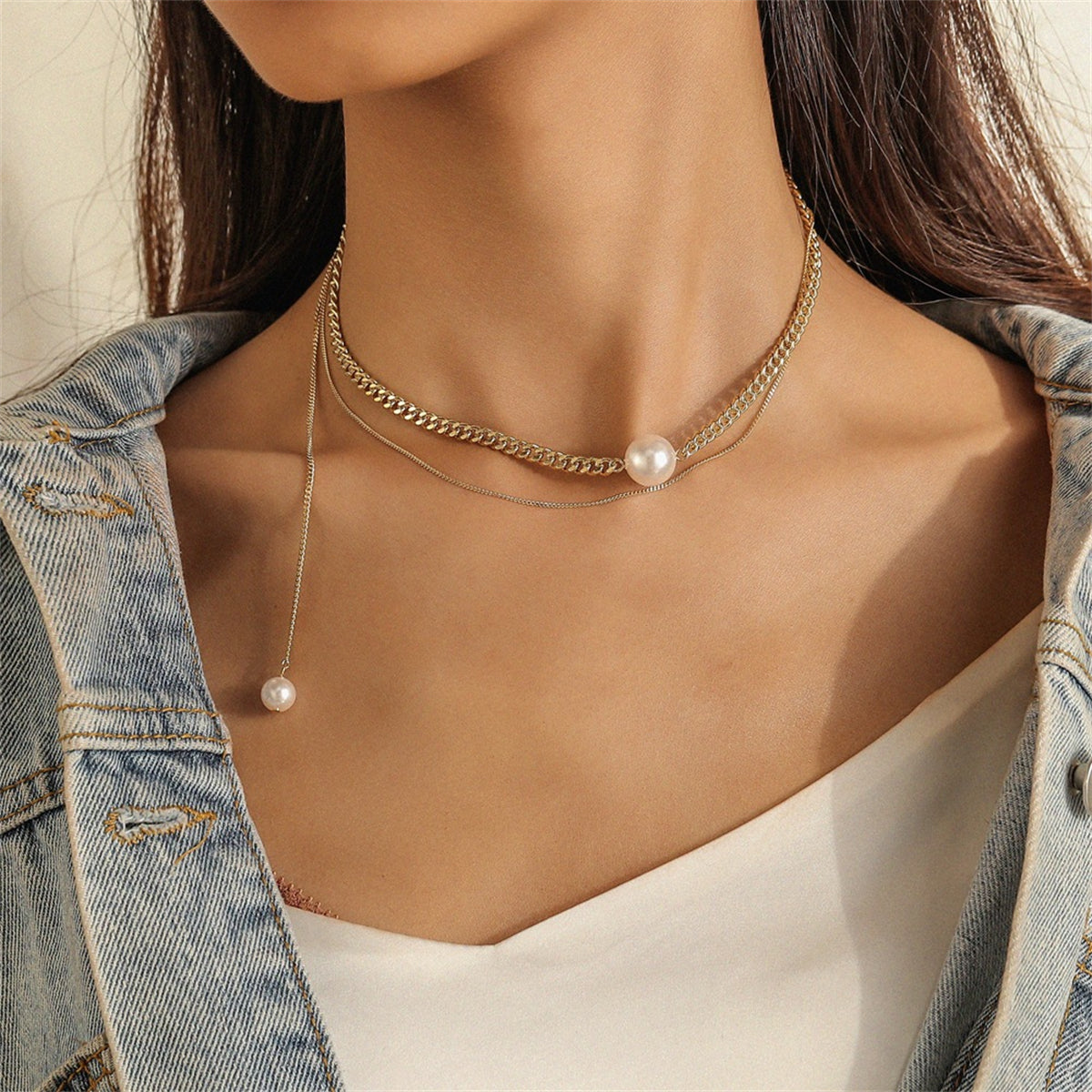 Pearl and 18K Gold-Plated Layered Drop Choker Necklace, gold pendant necklace for women, everyday style, front view