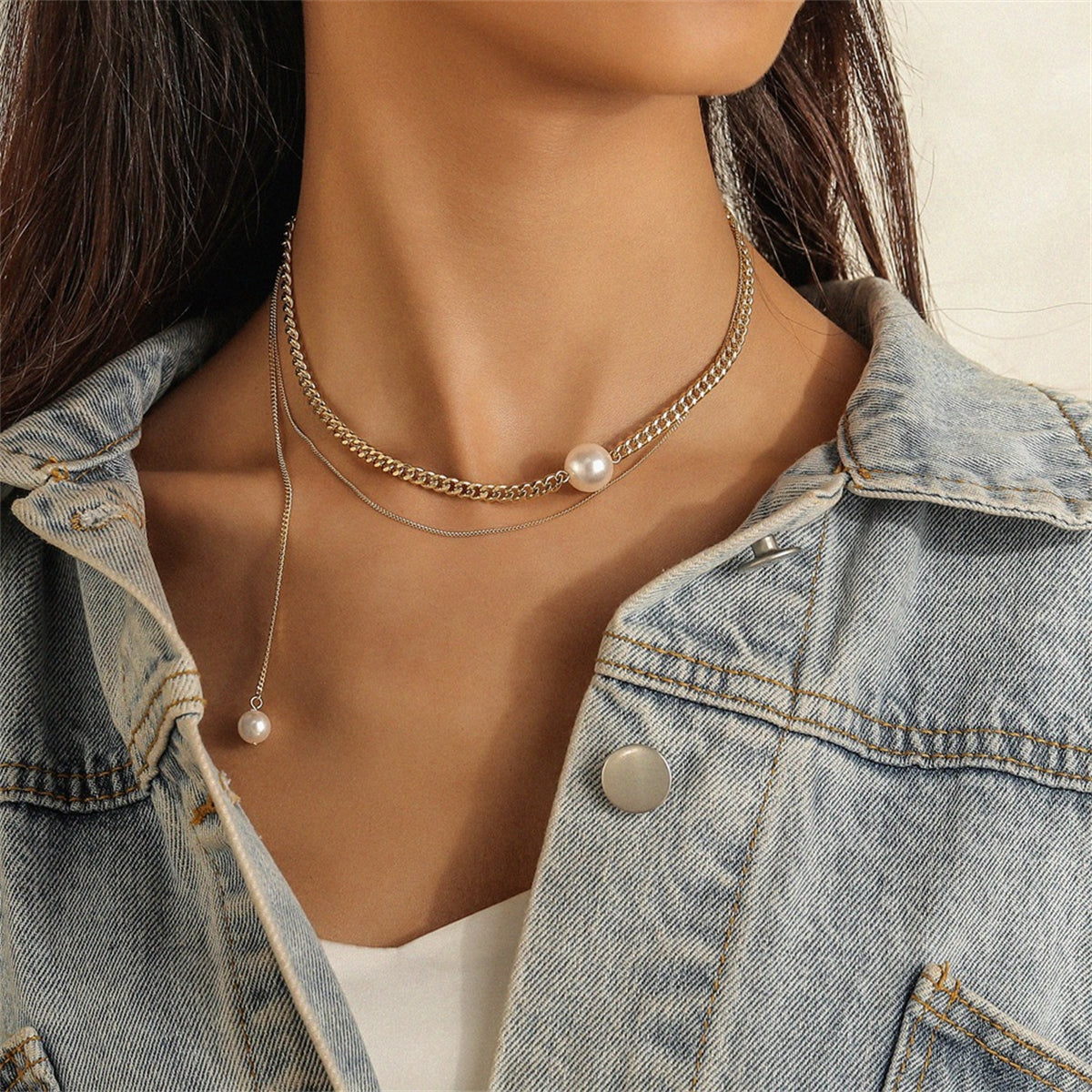 Pearl and 18K Gold-Plated Layered Drop Choker Necklace, gold pendant necklace for women, everyday style, detail close-up