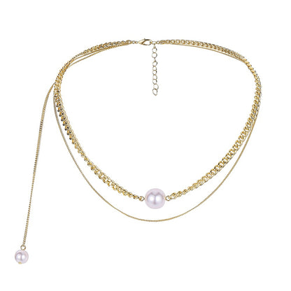 Pearl and 18K Gold-Plated Layered Drop Choker Necklace, gold pendant necklace for women, everyday style, side view
