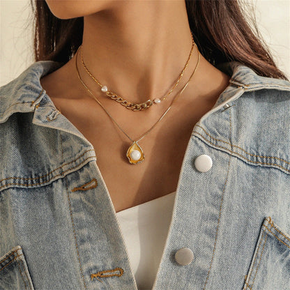 Pearl and 18K Gold-Plated Shell Pendant Necklace Set, jewelry gift sets for women, dainty minimalist design, front view