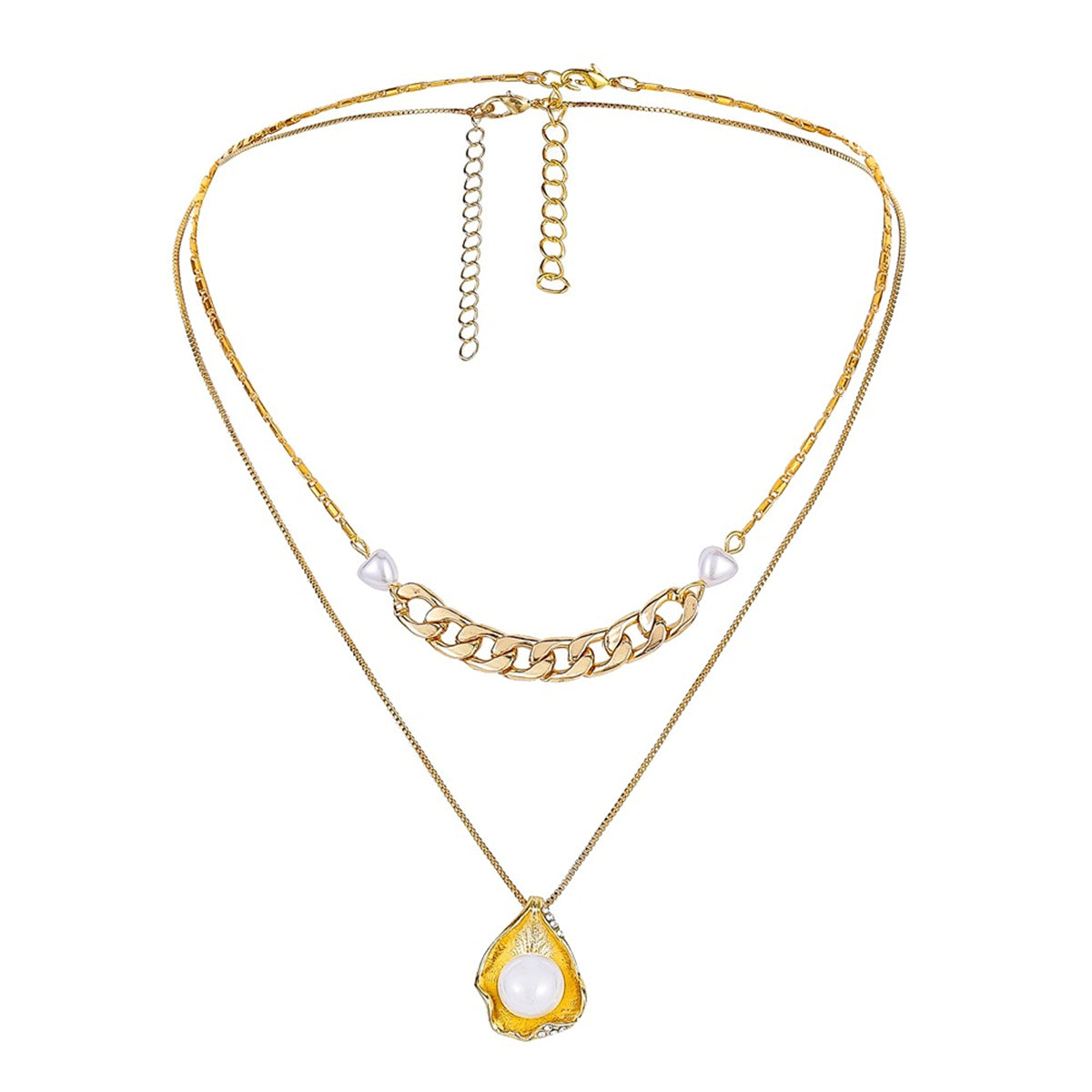 Pearl and 18K Gold-Plated Shell Pendant Necklace Set, jewelry gift sets for women, dainty minimalist design, detail close-up