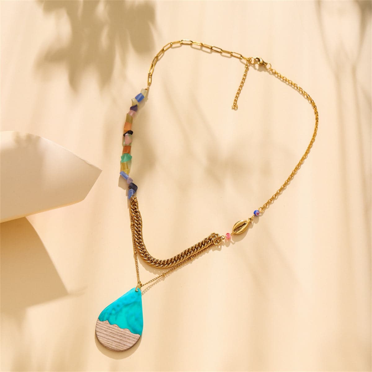 Blue Resin & Wood 18K Gold-Plated Teardrop Layered Pendant Necklace