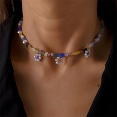 Lavender Resin & Pearl Multicolor Floral Beaded Necklace