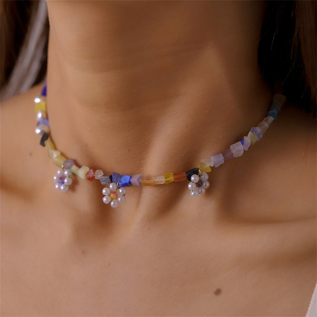 Lavender Resin & Pearl Multicolor Floral Beaded Necklace